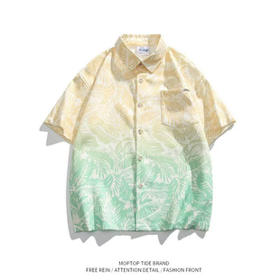 美式宽松潮牌渐变撞色印花衬衫短袖帅气夏威夷慵懒原宿风衬衣男装