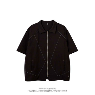 小众痞帅设计感个性夏季宽松拉链短袖衬衫男潮牌潮流美式复古衬衣