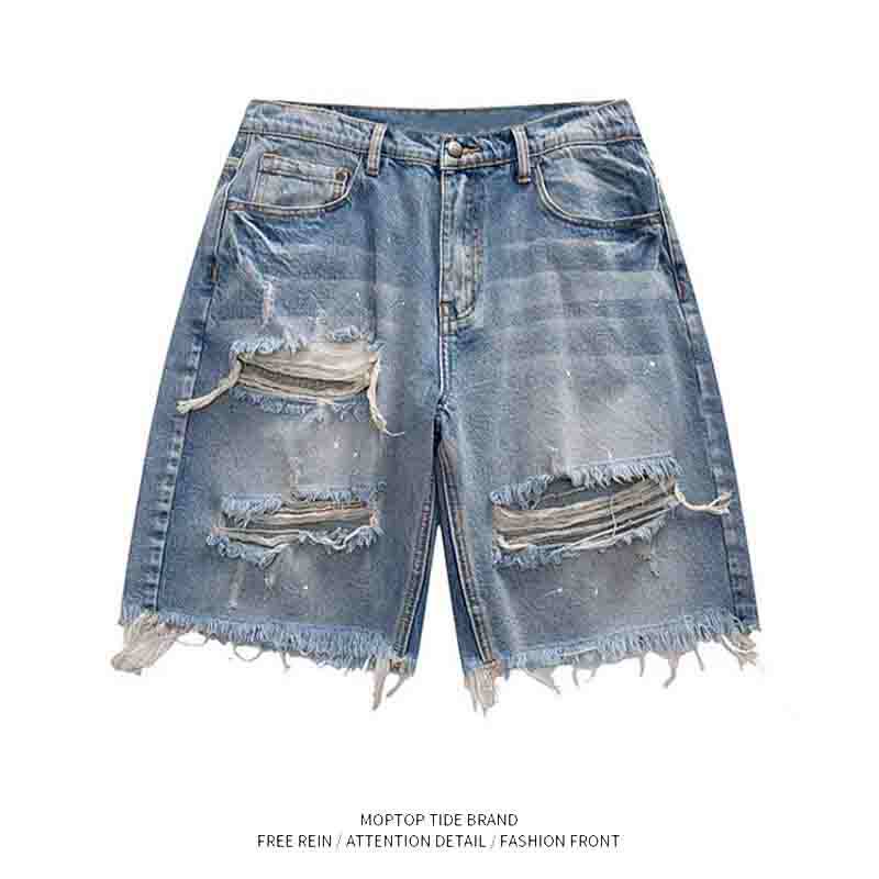 毛边破洞牛仔裤短裤男美式复古水洗做旧裤子设计感宽松直筒五分裤