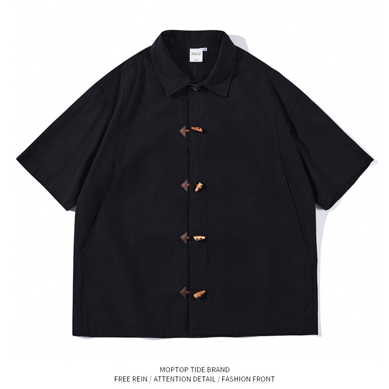 WH先生日系复古民族风牛角扣工装短袖衬衫男女宽松新中式半袖衬衣