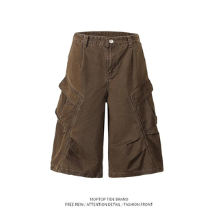 复古大口袋工装短裤男款夏季宽松直筒阔腿裤山系穿搭褶皱七分裤子