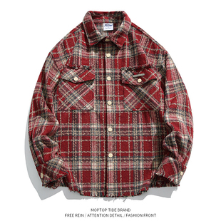 WH先生美式复古红色格子磨毛长袖衬衫男秋季小众高级感重磅外套