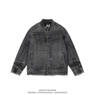 WHXS秋冬重磅水洗骨位牛仔夹克男女潮牌2025新款美式高街立领外套