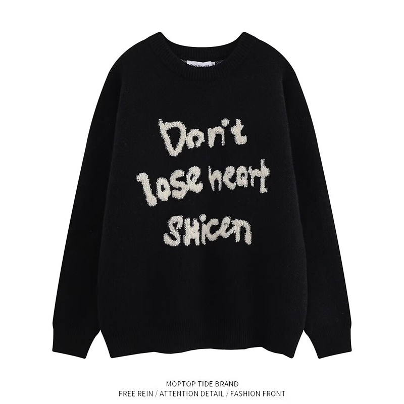 WHXS毛衣秋季男圆领黑色日系青少年宽松休闲慵懒感上衣