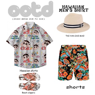 日系卡通短袖衬衫男士夏季新款海边沙滩休闲宽松衬衣短裤套装男