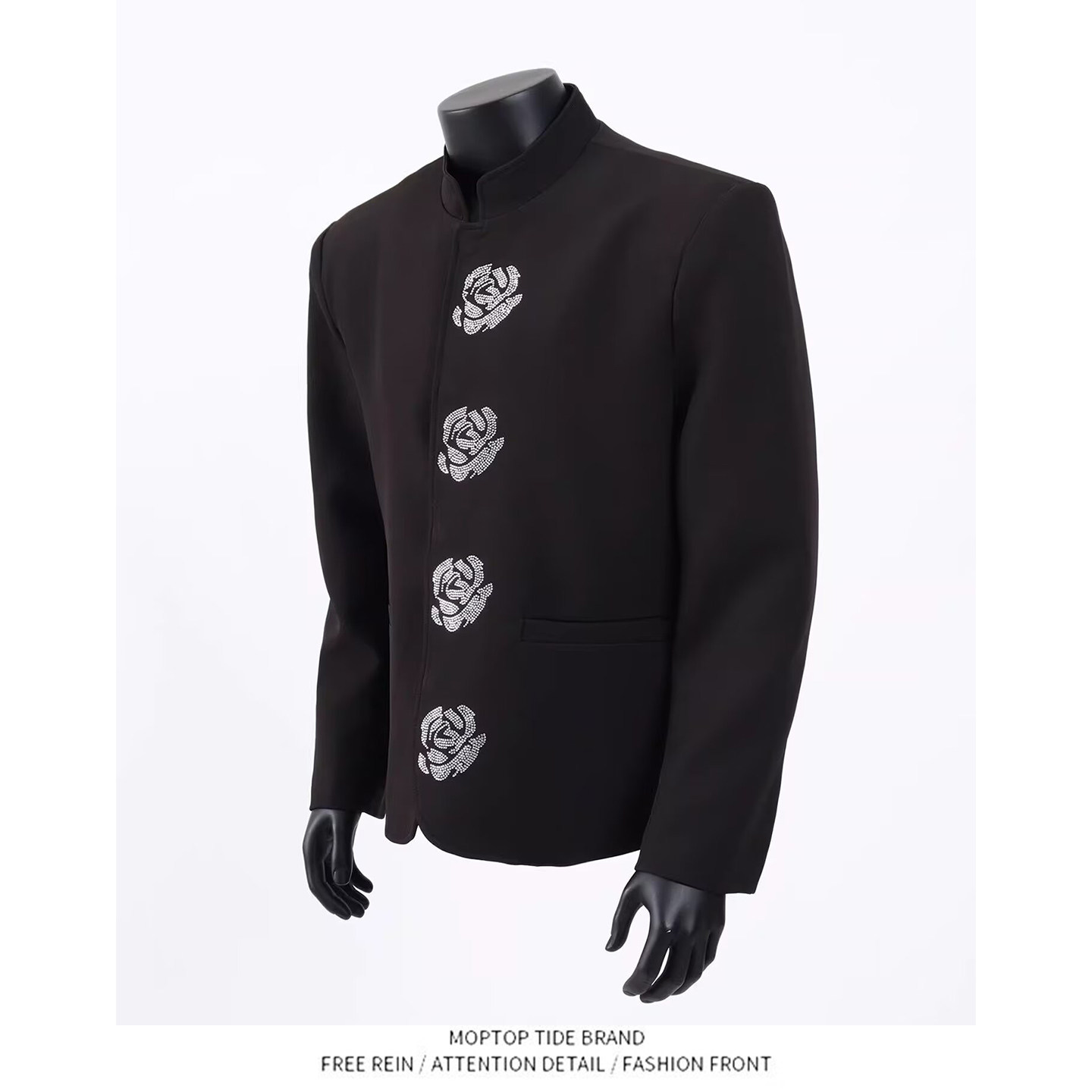 2026新中式立领黑色西装外套男高级感小众烫钻花朵重工垫肩西服