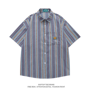 WH先生夏季宽松美式复古潮牌日系竖条纹短袖衬衫男女衬衣外套