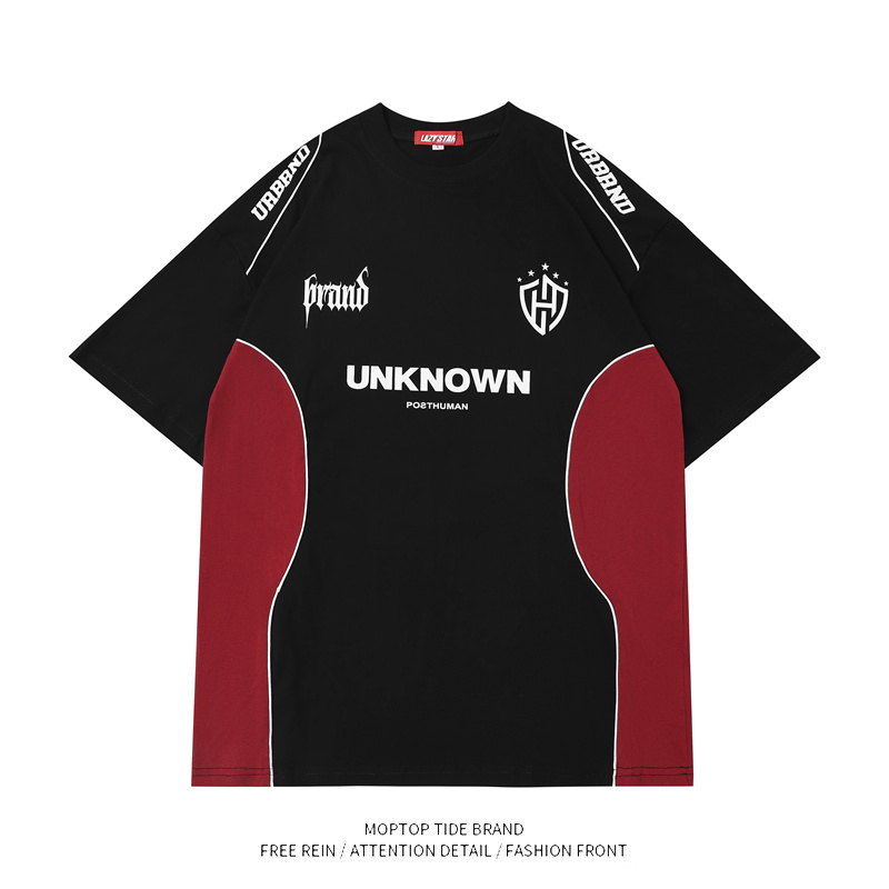 WHXS美式复古设计感撞色运动短袖T恤男女嘻哈情侣炸街上衣潮