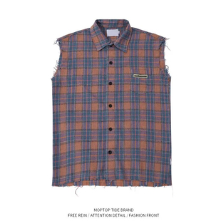 标准慵懒纯色无袖 男坎肩潮夏季 潮流格子衬衫 原宿青少年气质新款