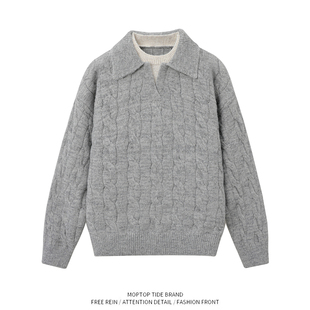 WHXS复古绞花假两件拼接POLO领毛衣男秋冬潮牌情侣休闲针织衫