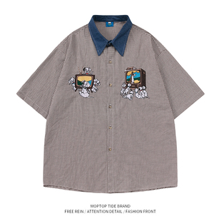 WH先生狗狗看电视复古拼色格子卡通小狗刺绣短袖衬衫宽松休闲