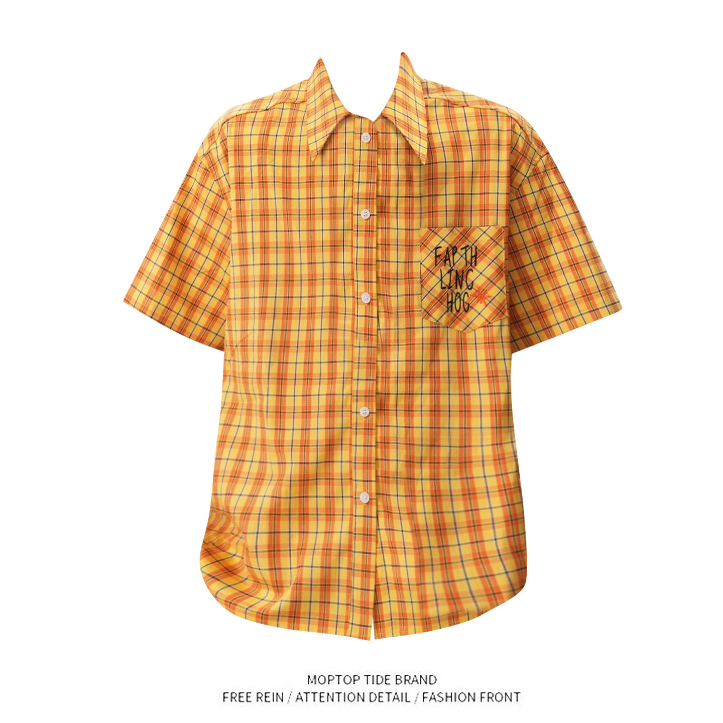 美式复古黄色格子短袖衬衫女夏季新款多巴胺休闲宽松衬衣外套上衣