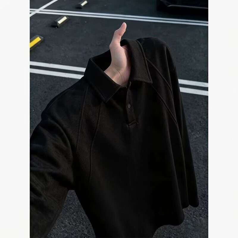 WH先生黑色翻领长袖T恤男女宽松重磅正肩套头百搭上衣