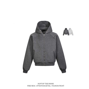 WHXS美式街头重磅纯色短款拉链卫衣男女国潮宽松帽衫外套cleanfit