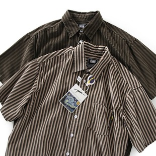 WH先生复古条纹短袖衬衫男夏季港风潮牌宽松休闲工装衬衣外套男