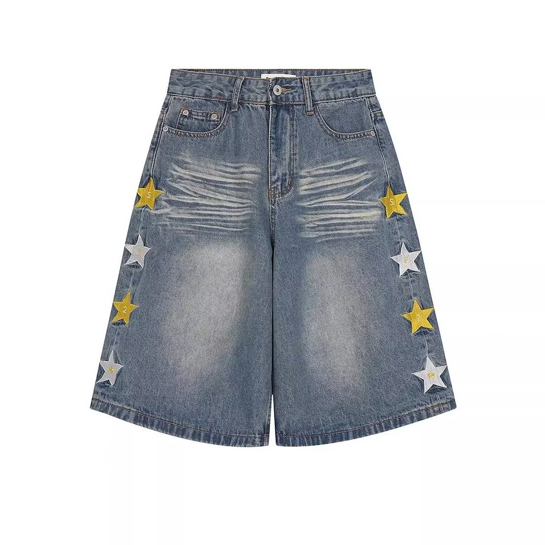 WH先生牛仔七分裤男美式复古破洞星星印花中裤宽松水洗阔腿短裤