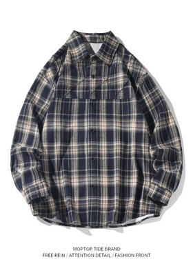 复古拼接格子长袖衬衫男秋季高级感衬衣宽松cityboy百搭休闲外套