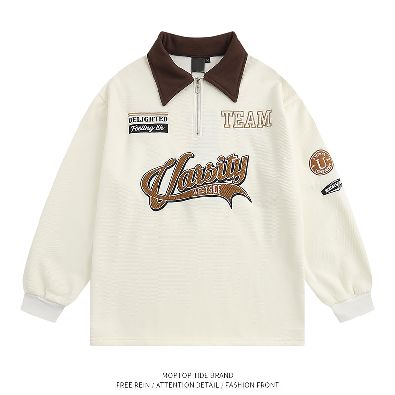 WH先生美式复古字母印花长袖POLO衫男女潮牌百搭翻领卫衣潮