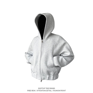 WHXS美式复古重磅连帽双拉链卫衣外套男款秋冬款廓形分割设计帽衫