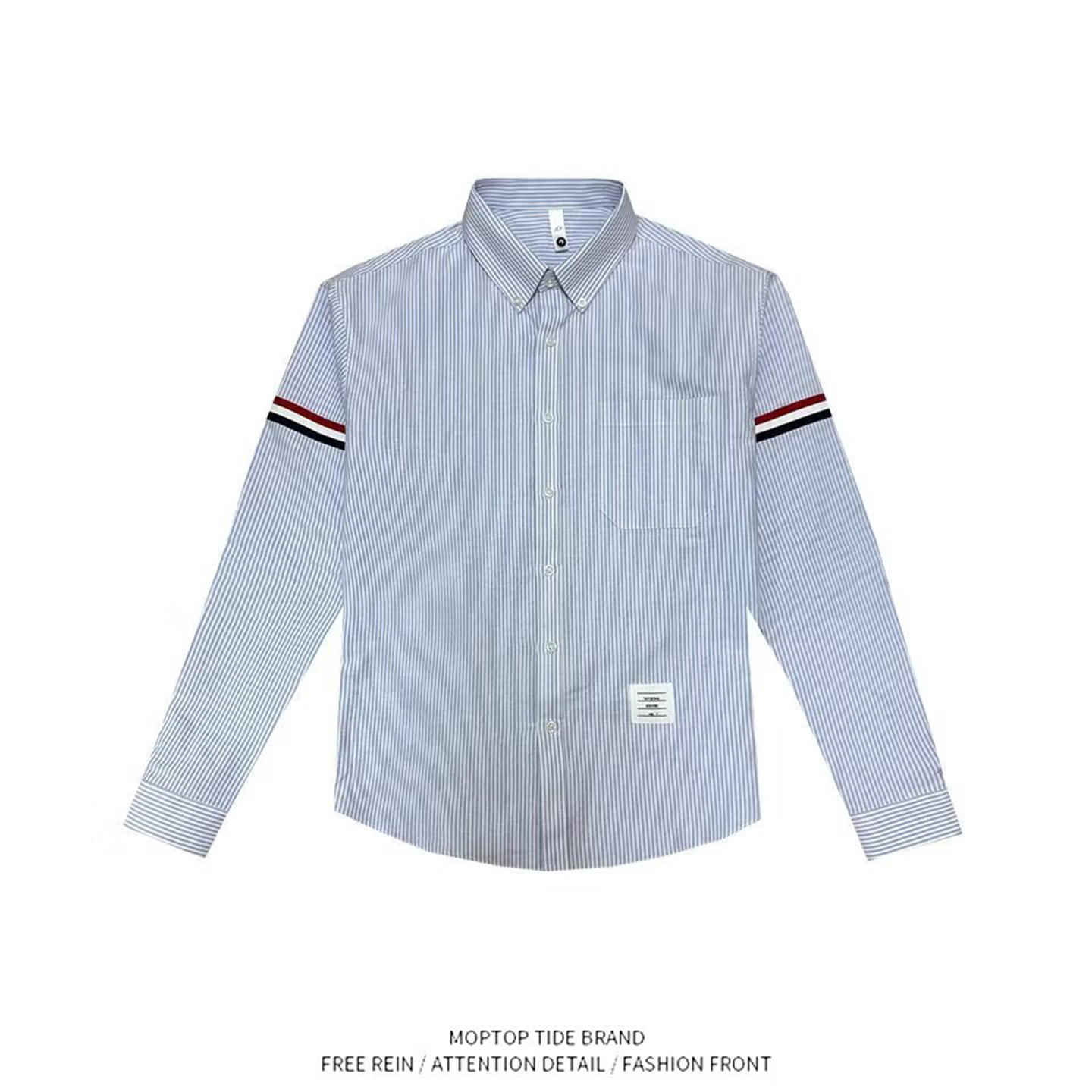 韩版新品知识分子风拼接臂袖翻领单排扣修身显瘦高腰长袖衬衫男