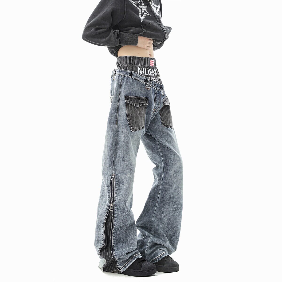 WH先生tart美式双腰斜面拼接条纹印花微喇牛仔裤男女baggy街头窄