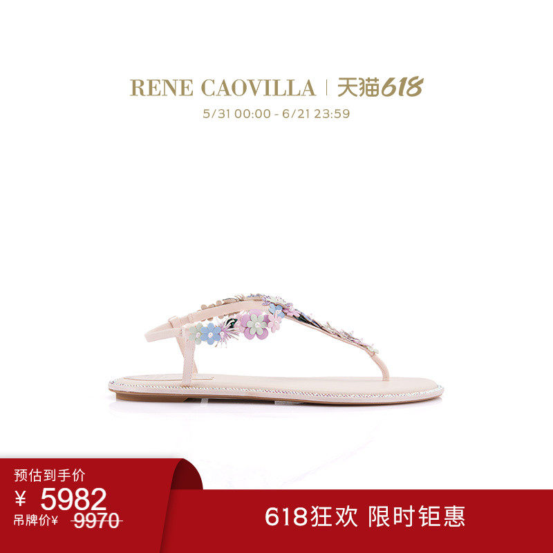【618折扣】RENE CAOVILLA ROXANNE系列花朵夹趾平跟凉鞋
