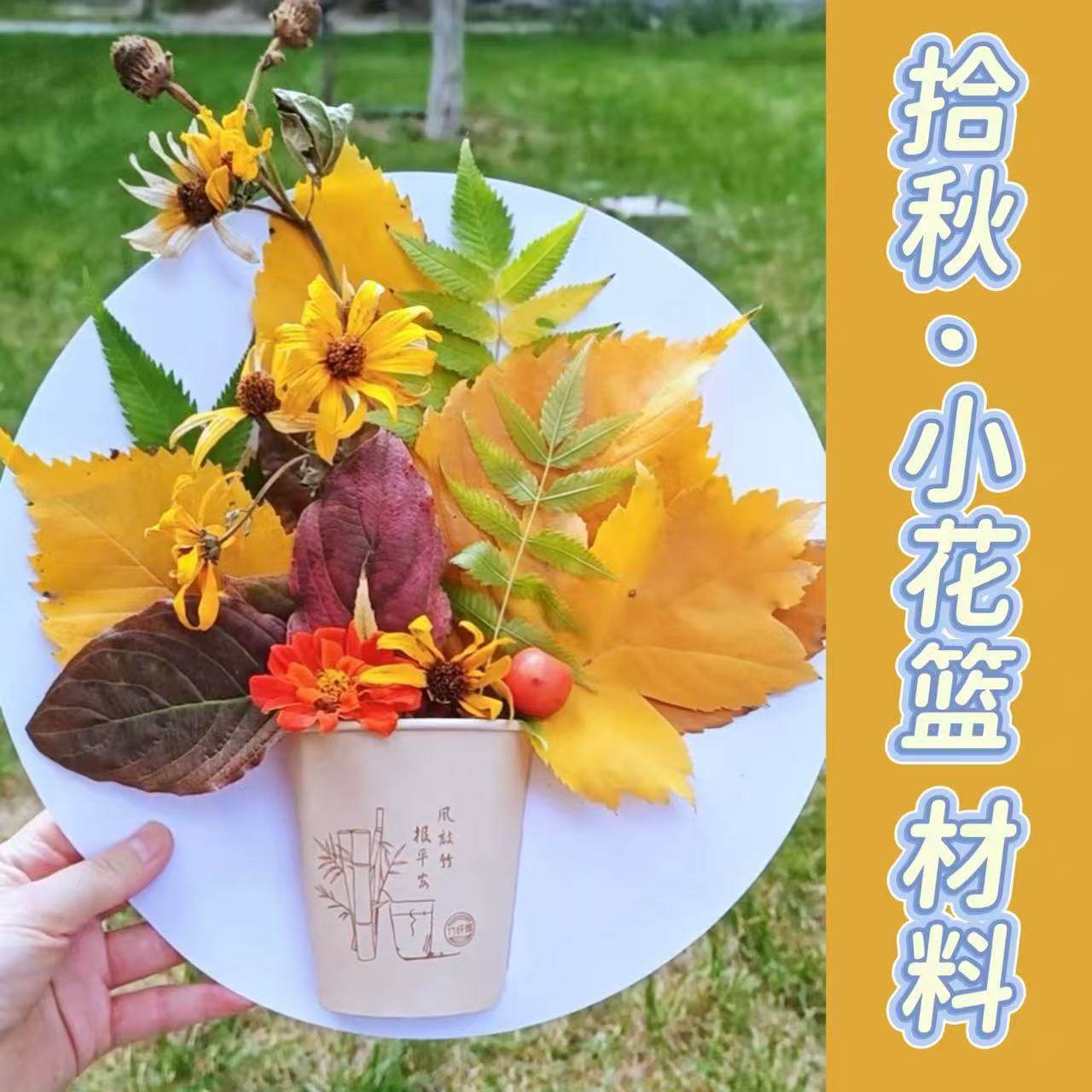 秋季拾秋落叶手工材料幼儿园户外自然课程DIY 纸杯小花篮秋天主题