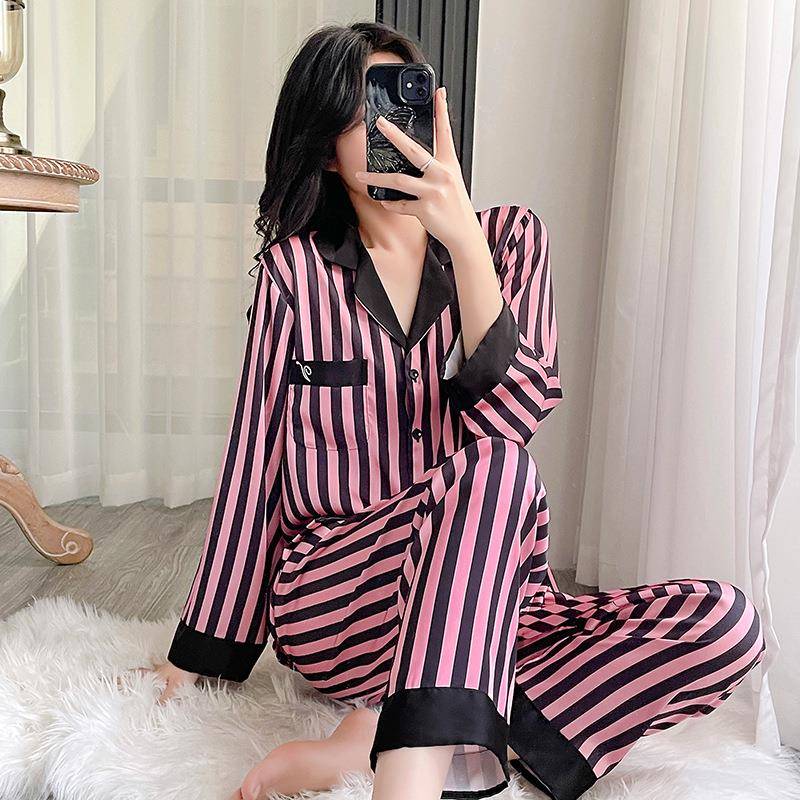 条纹睡衣女士春秋长袖冰丝套装夏季翻领丝绸开衫家居服夏天可外穿