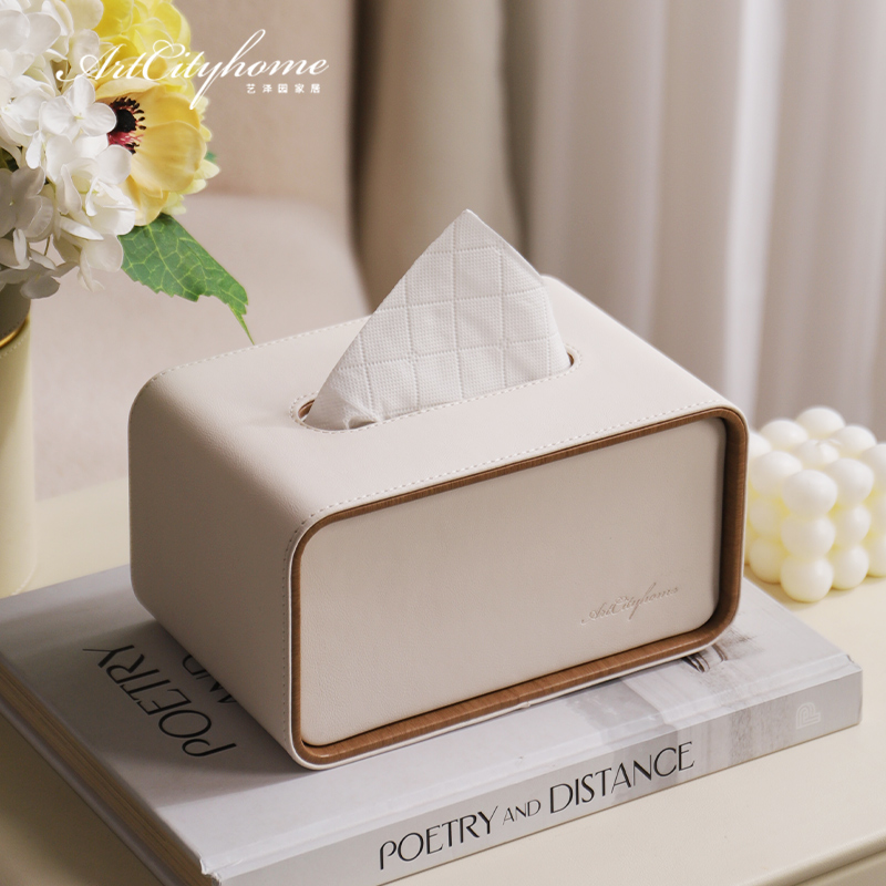 奶油風創意方形皮革抽紙盒