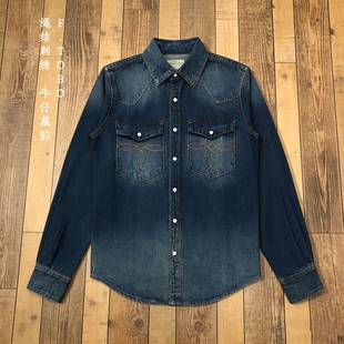 美式 男 复古风衬衣牛仔绞花刺绣贴袋厚料挺括休闲外穿上衣户外衬衫