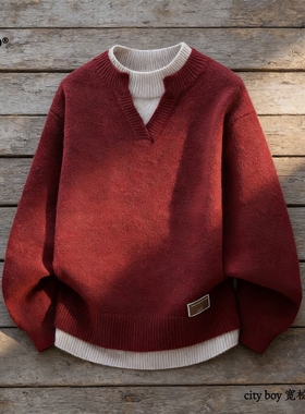 F.TOBO 假两件毛衣男 cityboy 宽松廓形 V 领开叉秋冬针织衫