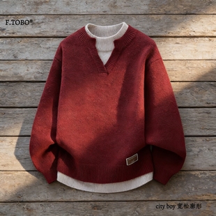 假两件毛衣男 领开叉秋冬针织衫 cityboy 宽松廓形 F.TOBO
