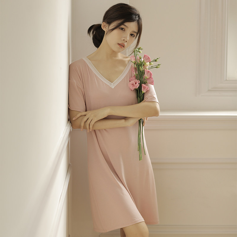 觅丝【裸感】天丝凉感莫代尔新款带胸垫连衣睡裙短袖睡衣居家服