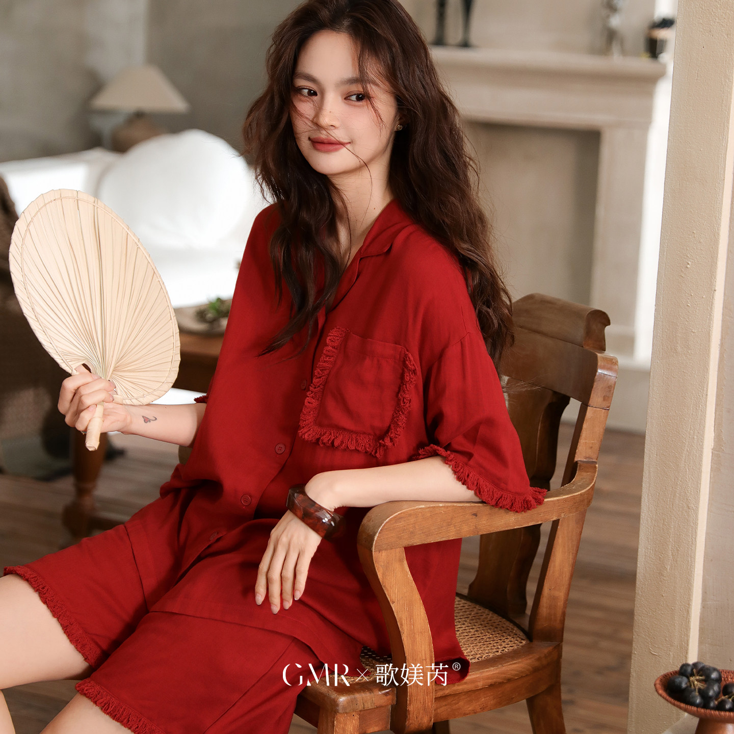 歌媄芮夏天睡衣女款红色本命年结婚新娘家居服夏季竹纤维棉套装薄