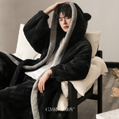 加厚连帽加长款 珊瑚绒睡袍秋冬季 男士 保暖睡衣法兰绒家居服两件套