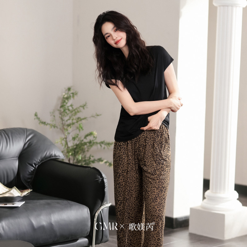 女士睡衣夏款豹纹休闲可出门套装图片