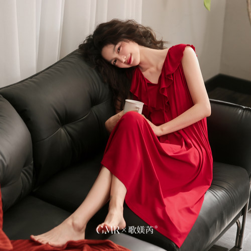 红色莫代尔棉睡裙女薄款