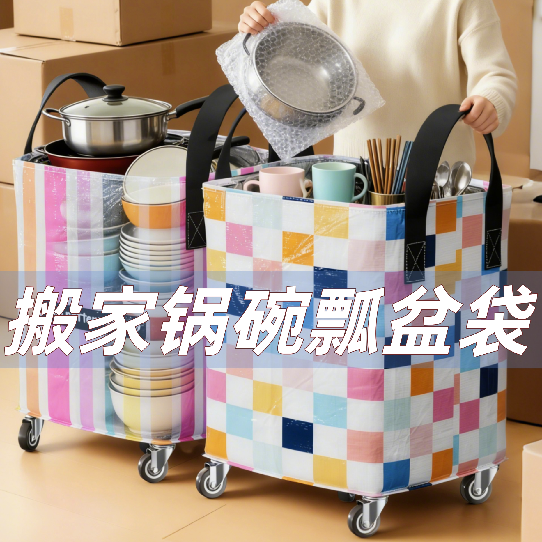 带轮子搬家打包锅碗瓢盆收纳袋子图片
