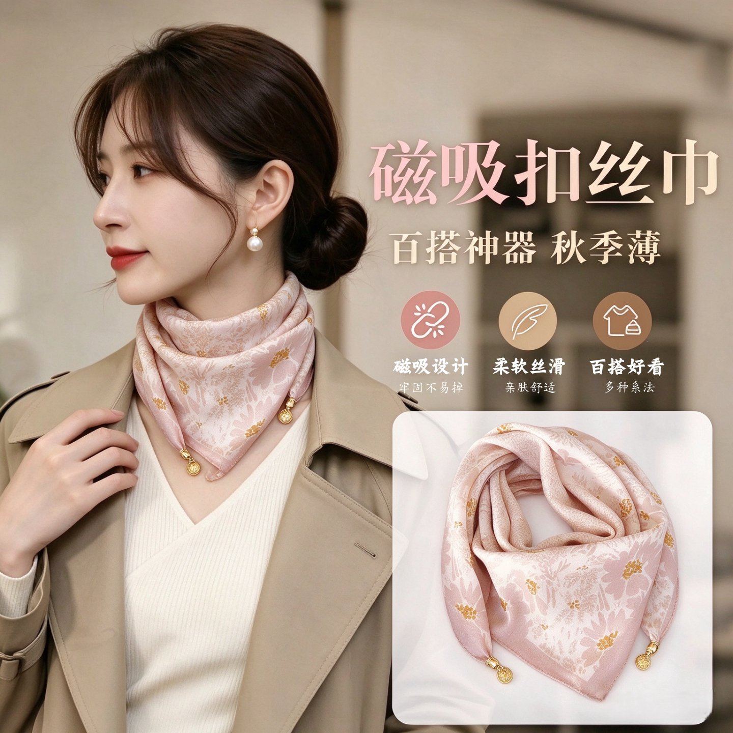 秋冬文艺磁吸扣轻薄方巾女士丝巾