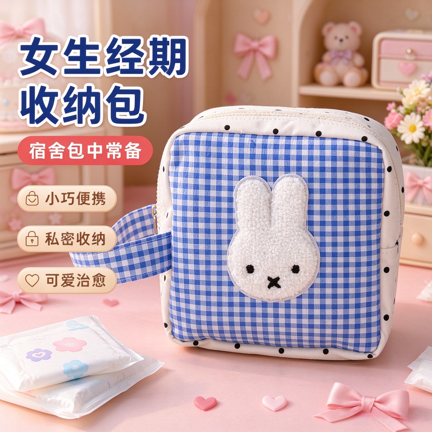 可爱兔子刺绣蓝格波点卫生巾包