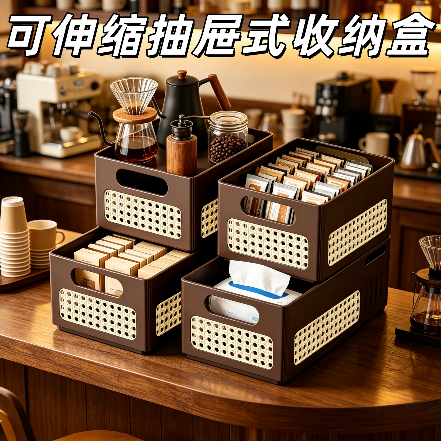 可伸缩抽屉分隔桌面收纳盒