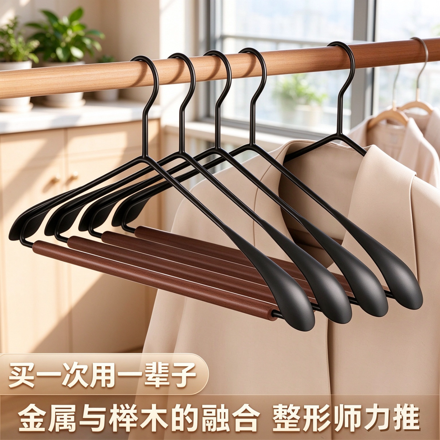 复古轻奢宽肩铁艺榉木防滑衣架