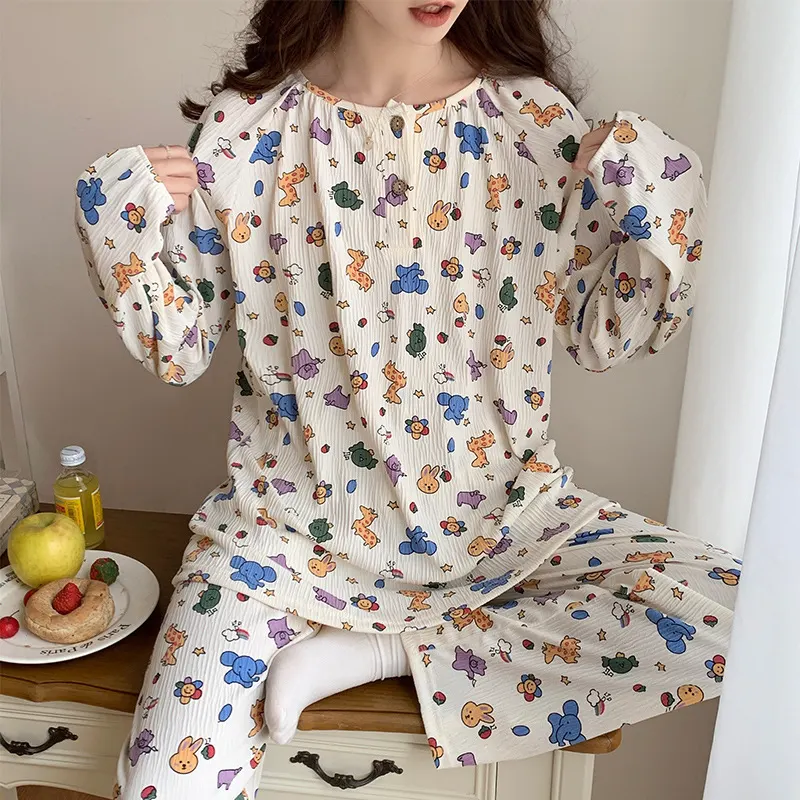 新款春季长袖开衫仿棉睡衣女休闲翻领卡通甜美家居服套装直播代发