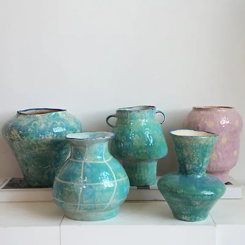 国潮风敦煌绿新中式水培陶瓷花瓶粗陶瓶插花复古手工民宿酒店摆件
