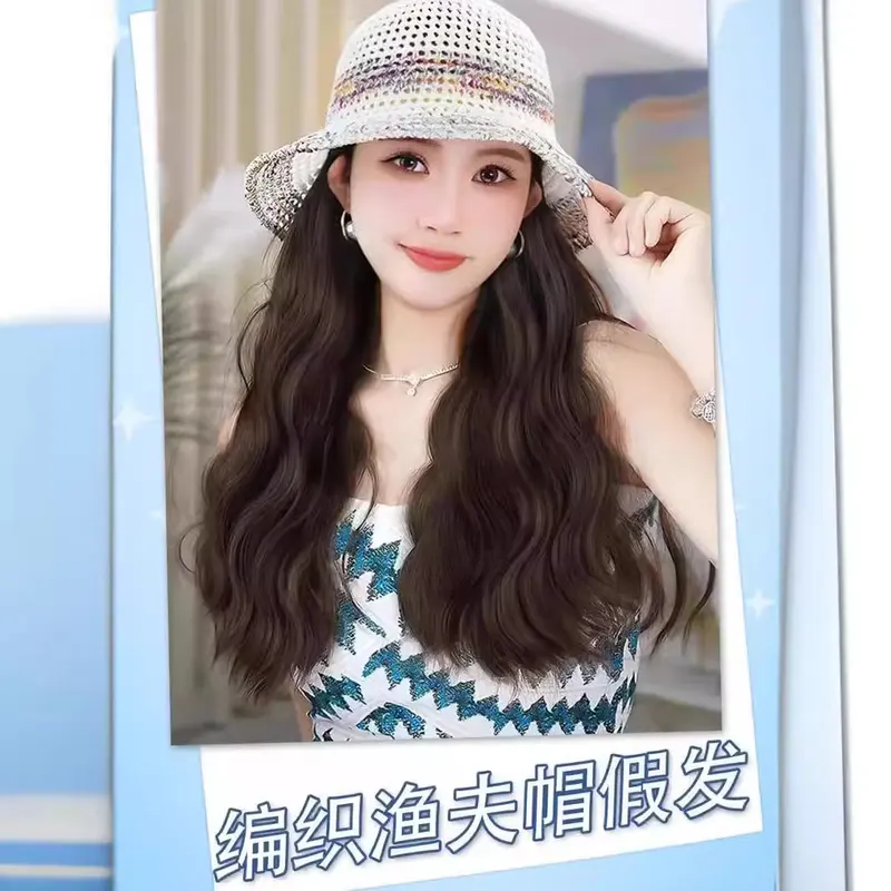 假发女帽子一体夏款氛围感彩虹编织渔夫帽卷发沙滩度假镂空假发帽