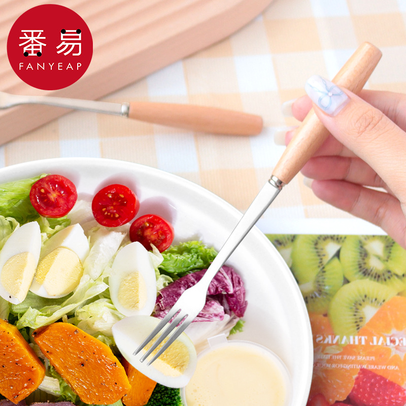 餐叉/木柄AA1S242-家用餐厅长柄不锈钢餐具木柄西餐叉水果叉耐用