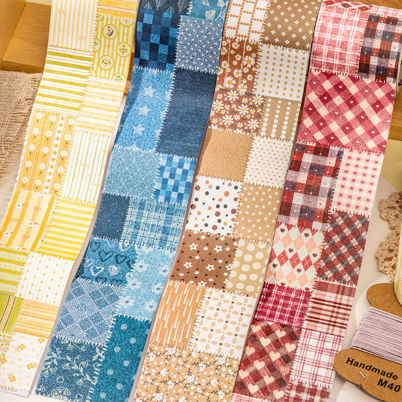 拼布碎语系列白牛皮胶带 复古网格牛仔图案手帐打底装饰拼贴素材