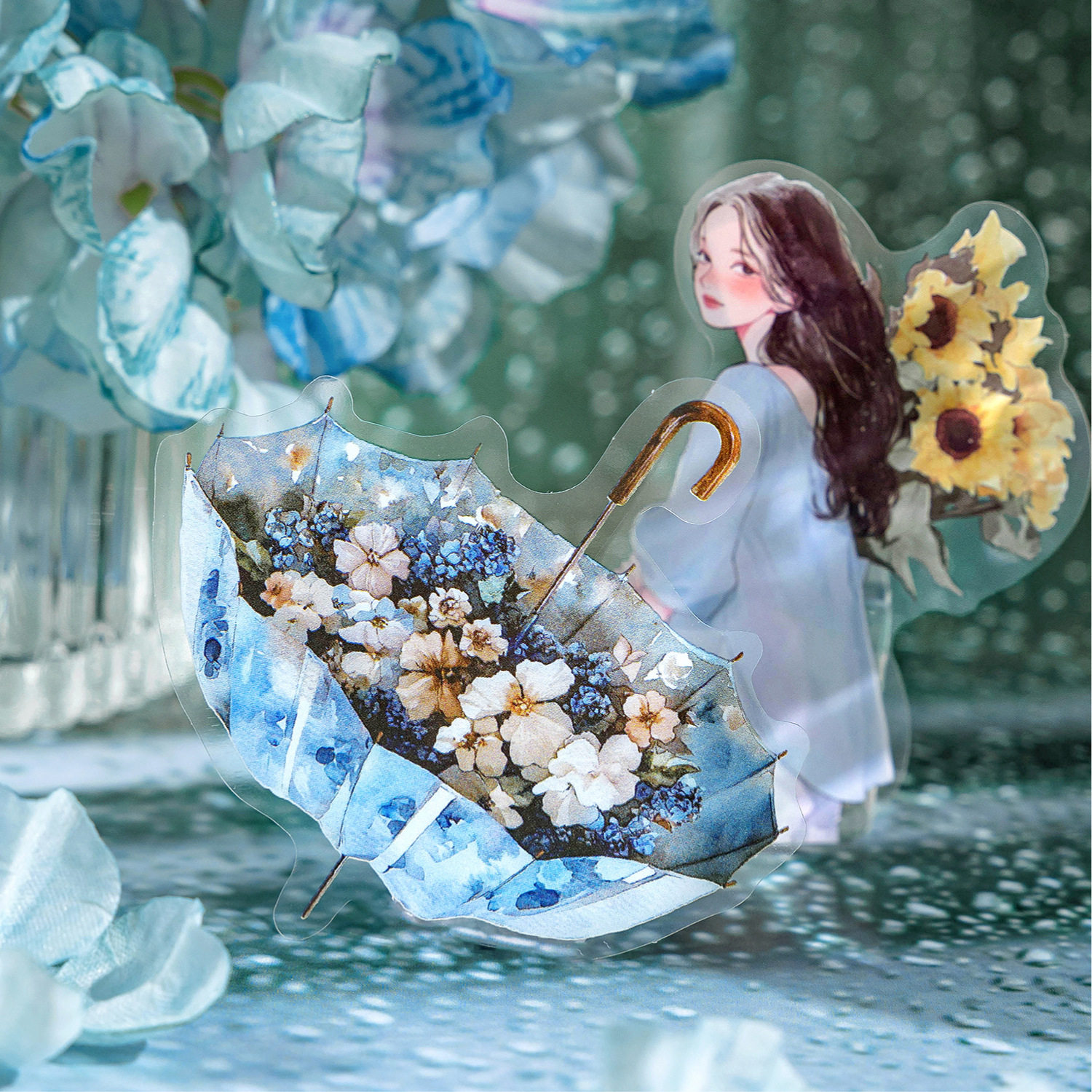 花伞协奏曲系列防水PET造景贴纸包水彩雨伞花卉拼贴手帐DIY装饰