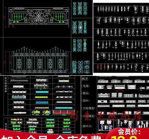 z欧式美式法式铁艺别墅入户大门围墙围栏CAD施工图玫瑰花花叶树叶