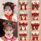 新年红色儿童发夹蝴蝶结发饰古风过年头饰中国风女童汉服假发发卡